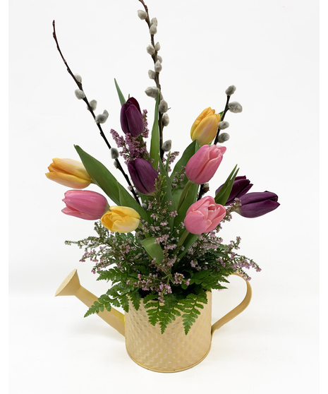 tulips in keepsake metal watering can