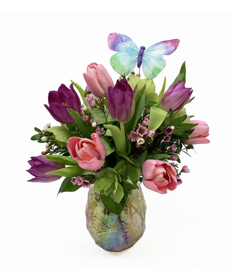 spring arrangement with tulips and butterfly pick